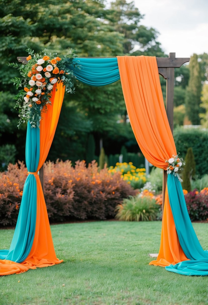 A burnt orange and teal wedding arch stands amidst a lush garden, adorned with flowers and draped fabric, creating a vibrant and elegant backdrop