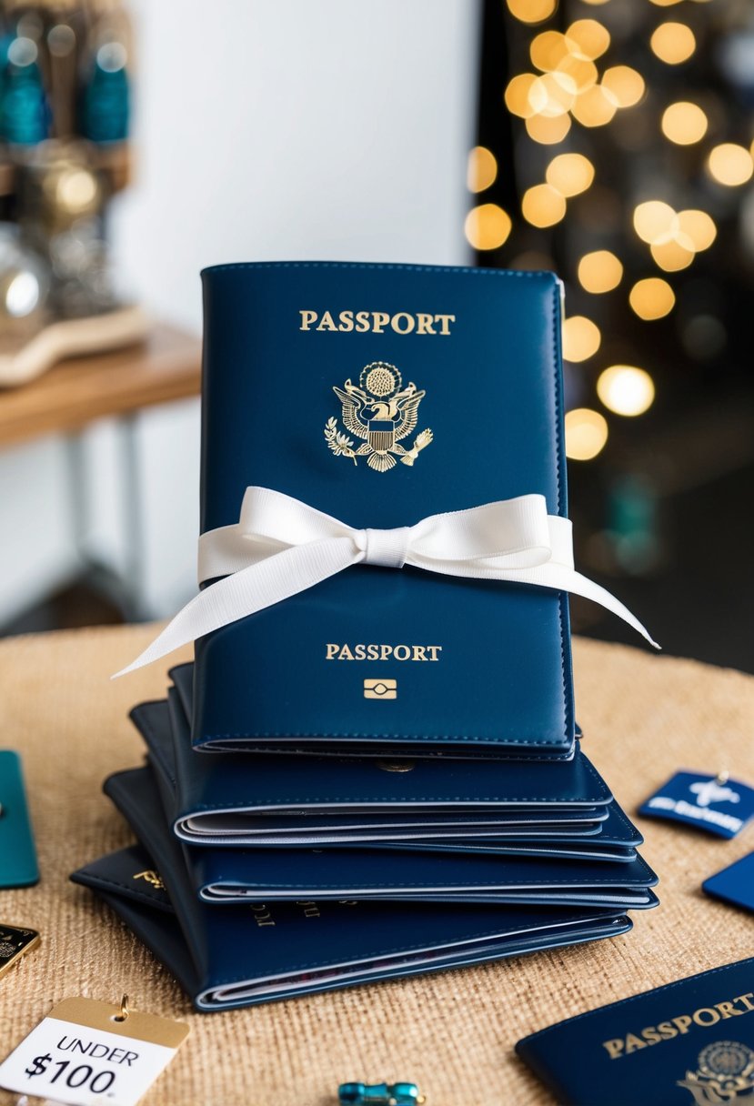 A stack of monogrammed passport covers arranged on a table with a ribbon tied around them, surrounded by small travel-themed trinkets and a price tag indicating "under $100."