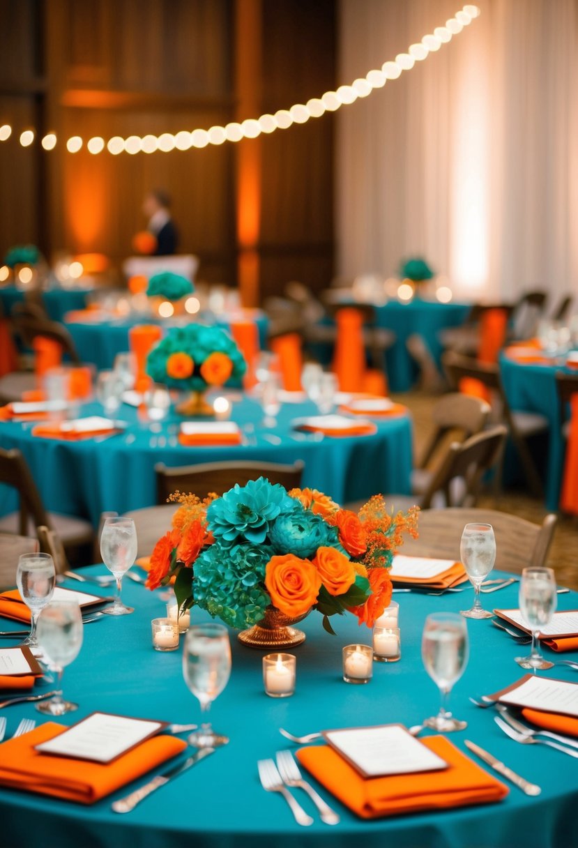 Teal and burnt orange centerpieces adorn tables at a wedding reception