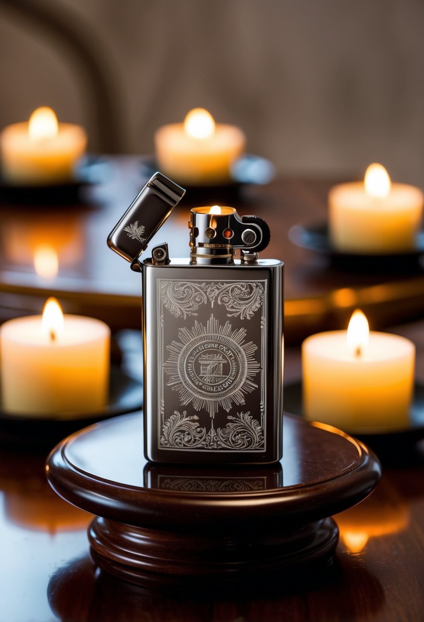 A sleek, engraved metal lighter sits atop a polished wooden table, surrounded by soft candlelight