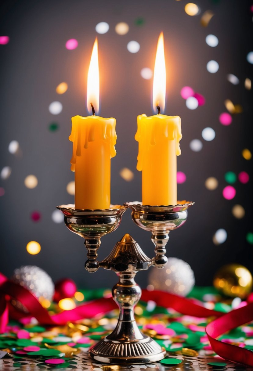 Two comical wedding candles burning on a decorative stand, surrounded by festive confetti and ribbons