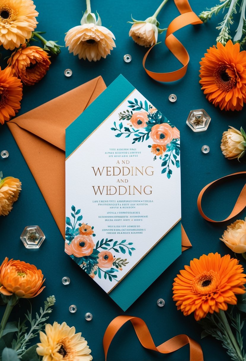 A teal and burnt orange wedding invitation with floral and geometric designs, surrounded by coordinating flowers and ribbons