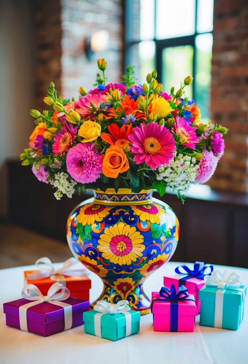 A colorful, ornate flower vase sits on a table, filled with vibrant blooms. Surrounding it are various wedding gifts, all under $100