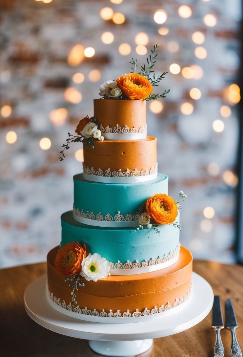 A three-tiered wedding cake with burnt orange and teal frosting, adorned with delicate flowers and intricate designs