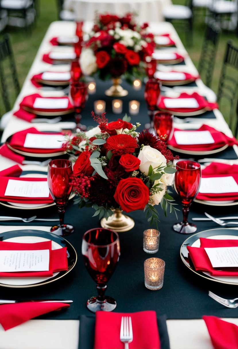 A red and black wedding table setting with elegant floral centerpieces and matching place settings