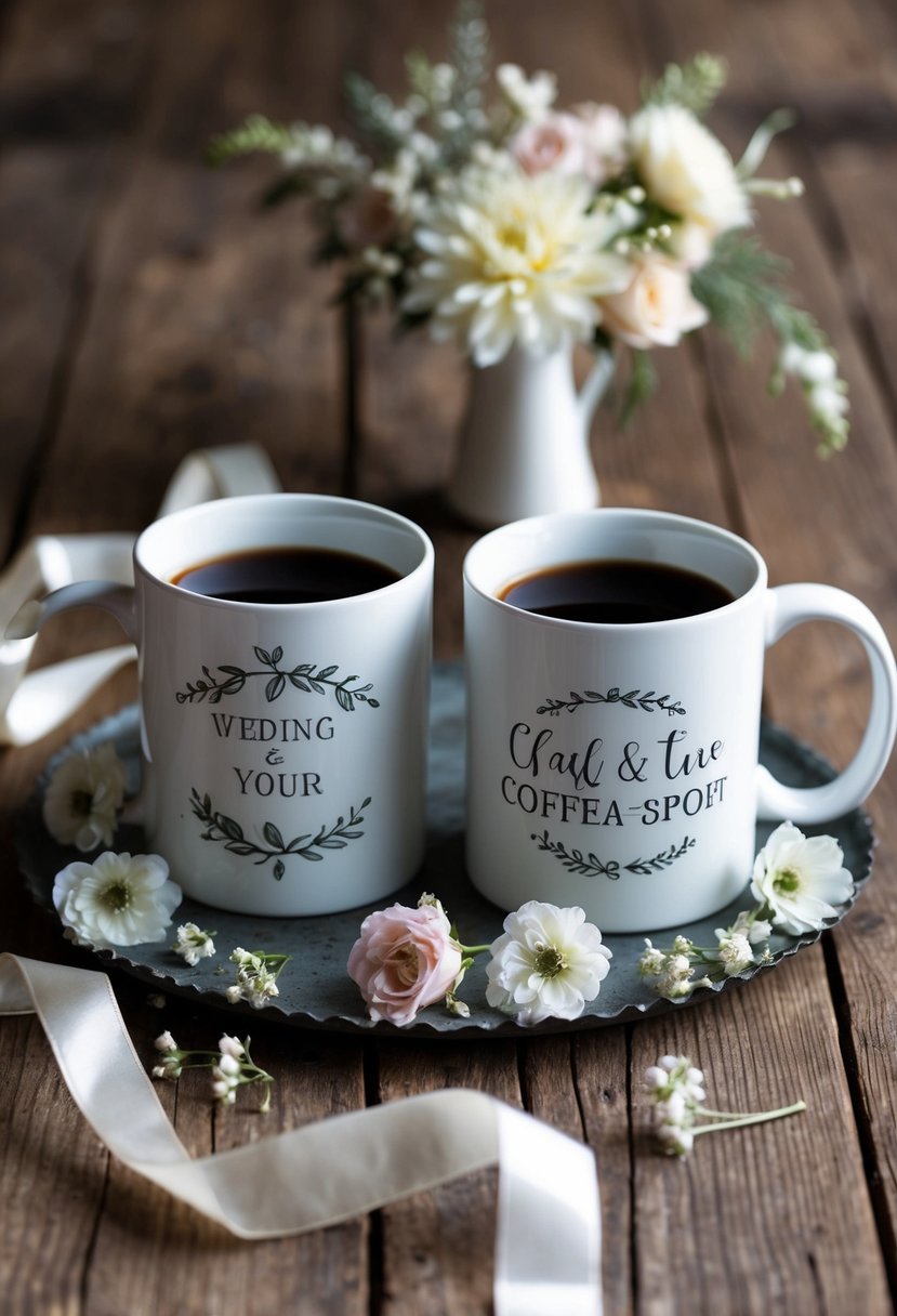 Two personalized coffee mugs with wedding-themed designs displayed on a rustic wooden table, surrounded by delicate flowers and elegant ribbon