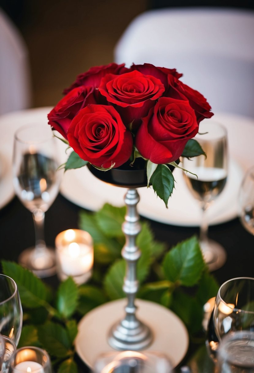 A classic red rose centerpiece with black accents for a wedding