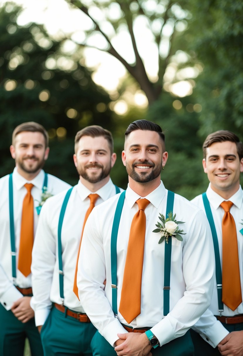 A group of groomsmen wearing burnt orange ties and teal accessories at a wedding