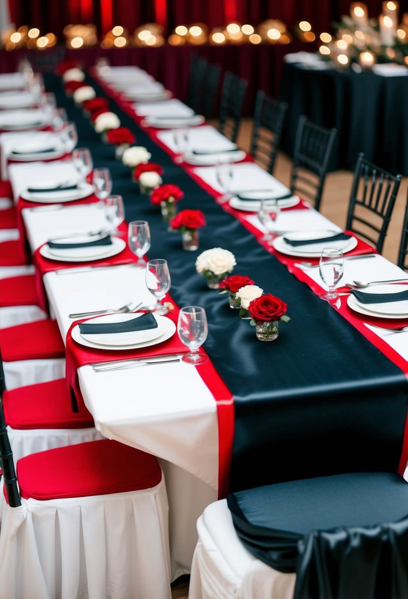 A long black satin table runner draped across a red and black themed wedding reception table