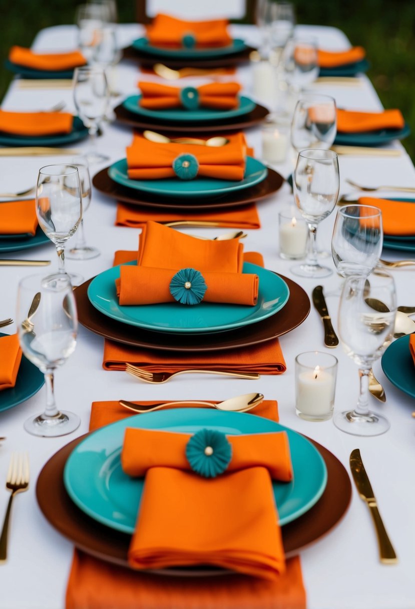 Teal and burnt orange napkins arranged on a table for a wedding setting