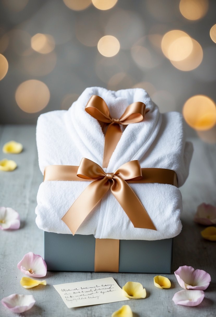 A cozy bathrobe draped over a gift box with a ribbon, surrounded by delicate flower petals and a handwritten note