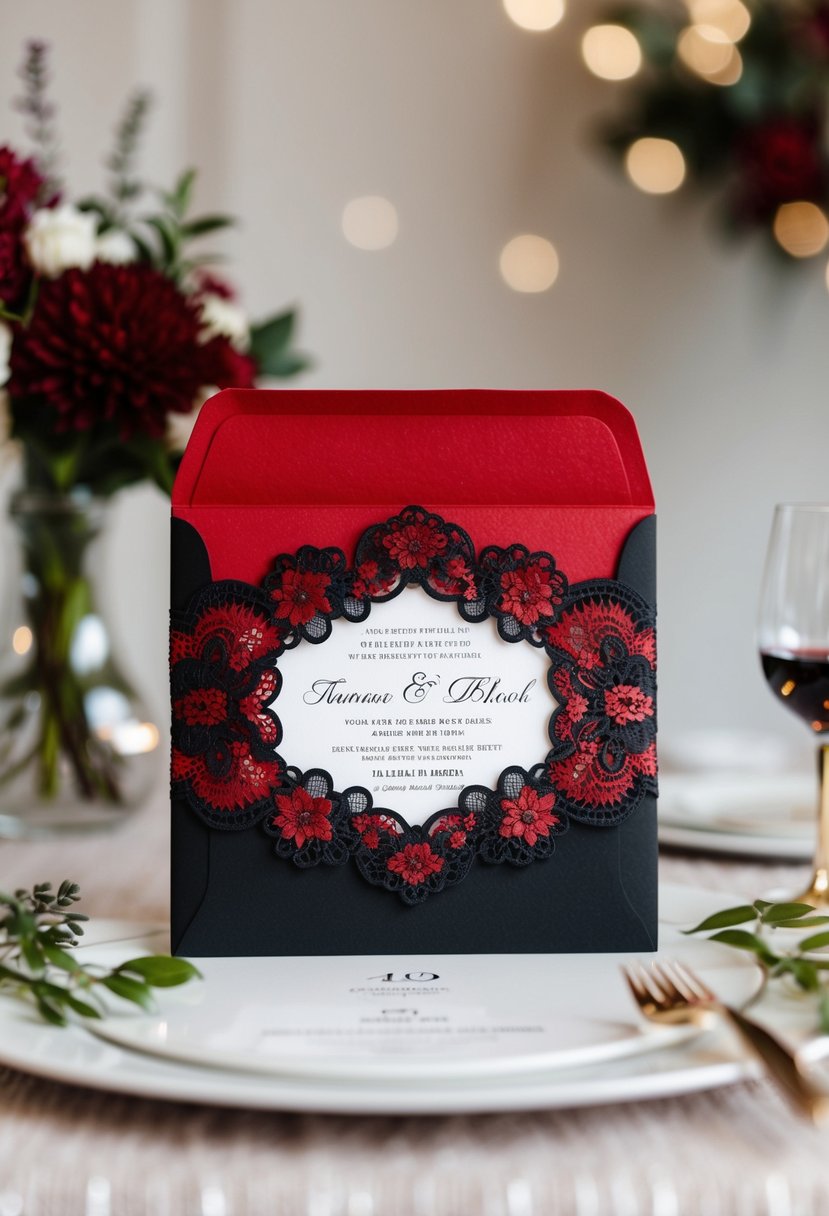 A red and black wedding invitation with elegant floral designs and intricate lace patterns