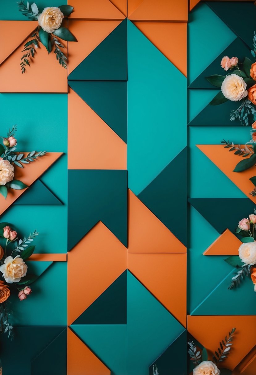 A teal and burnt orange geometric backdrop with floral accents