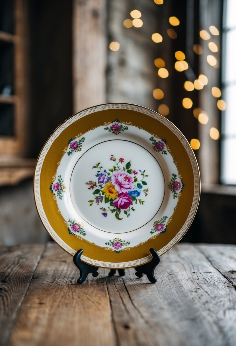 A decorative plate with intricate floral designs, surrounded by delicate gold trim, displayed on a rustic wooden table