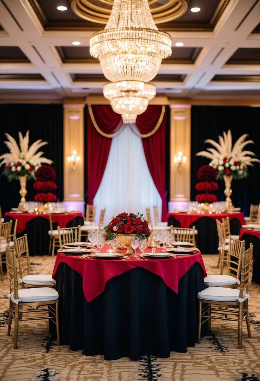 A grand ballroom adorned with gold accents, featuring rich red and black decor for a luxurious wedding