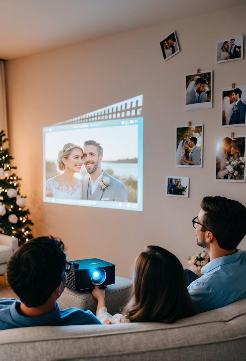 A cozy living room with a couple watching a romantic movie on a wall with the Kodak FLIK X7 Home Projector, surrounded by wedding photos and decorations