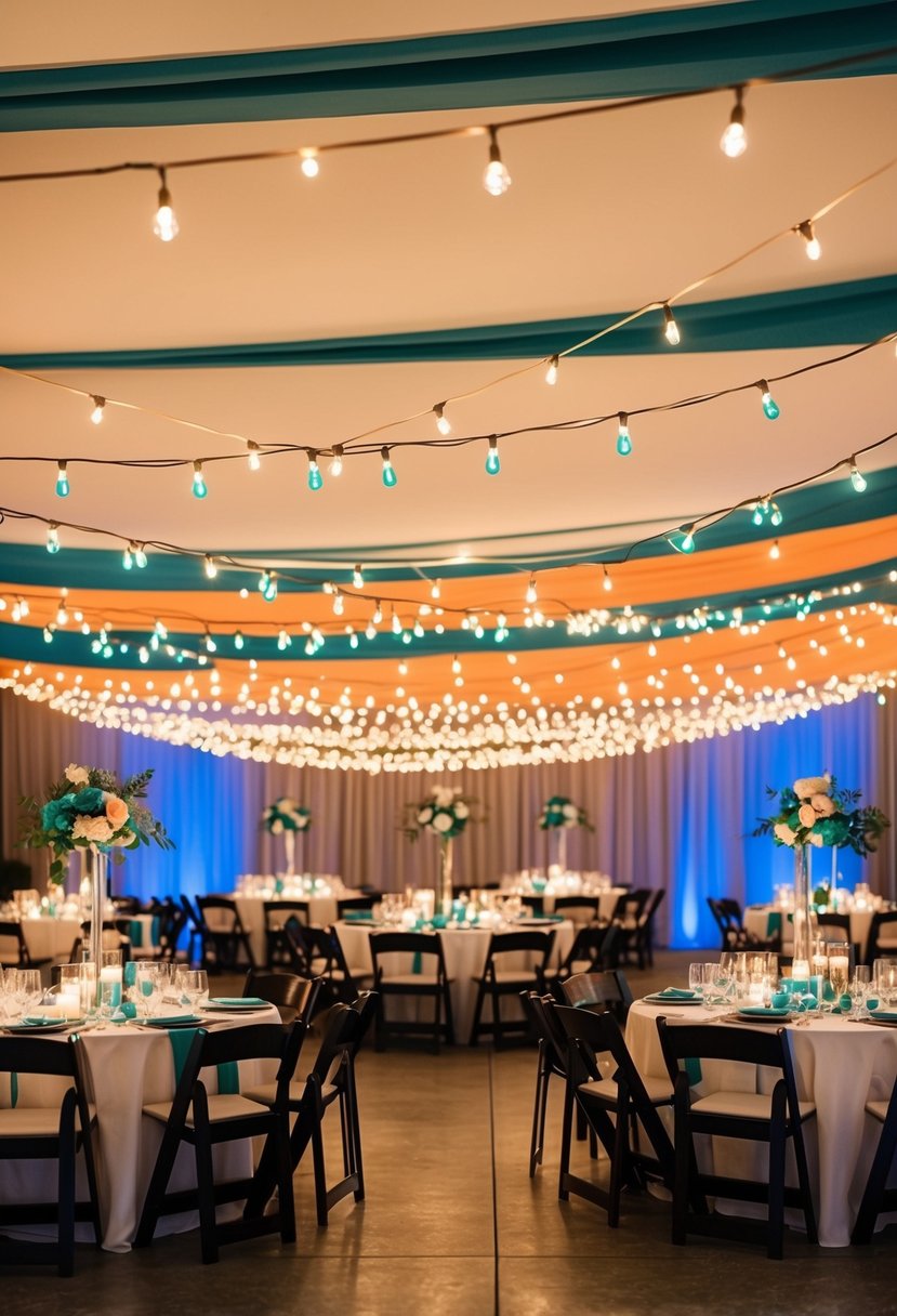 String lights with teal and orange accents illuminating a wedding reception area, creating a warm and inviting atmosphere