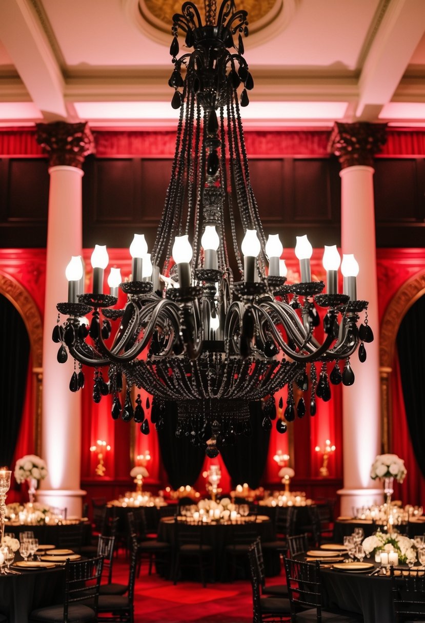 A grand vintage black chandelier hangs above a lavish red and black wedding reception, casting a romantic glow over the elegant decor