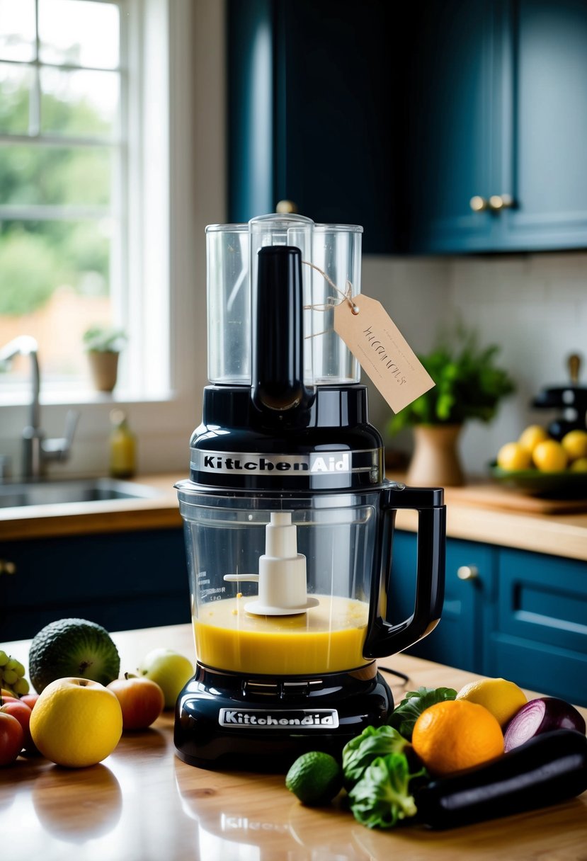 A KitchenAid 7-Cup Food Processor sits on a kitchen counter, surrounded by various fruits and vegetables, with a wedding gift tag attached