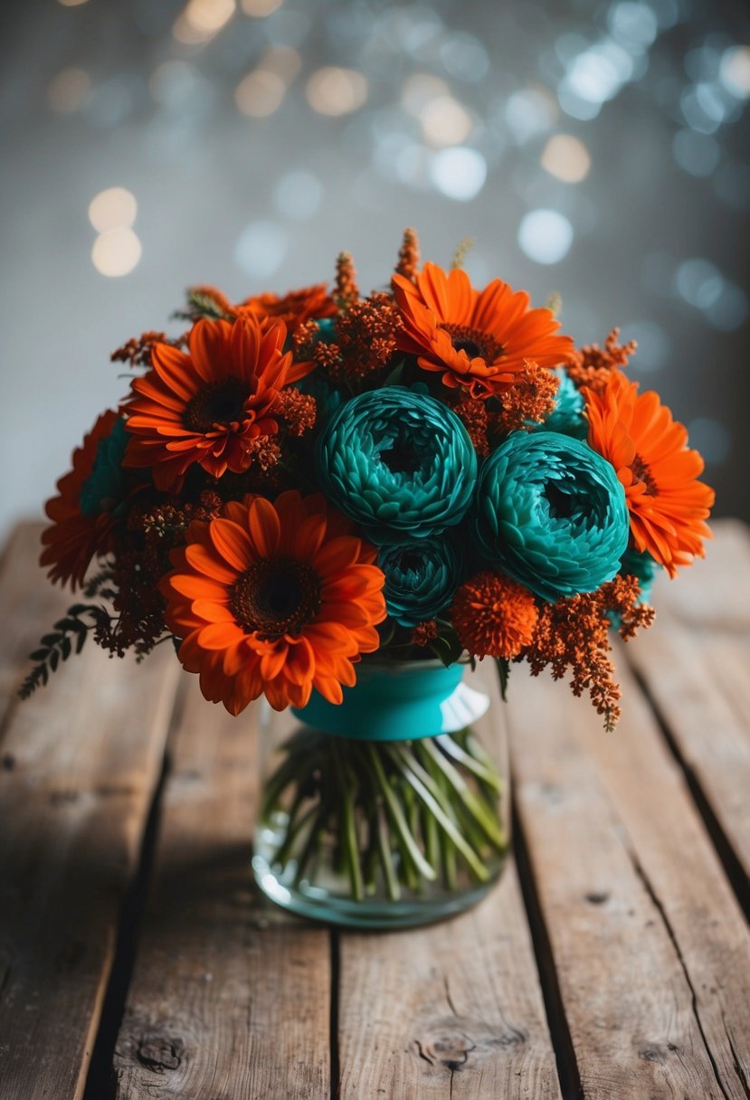 A bouquet of burnt orange and teal flowers on a rustic wooden table