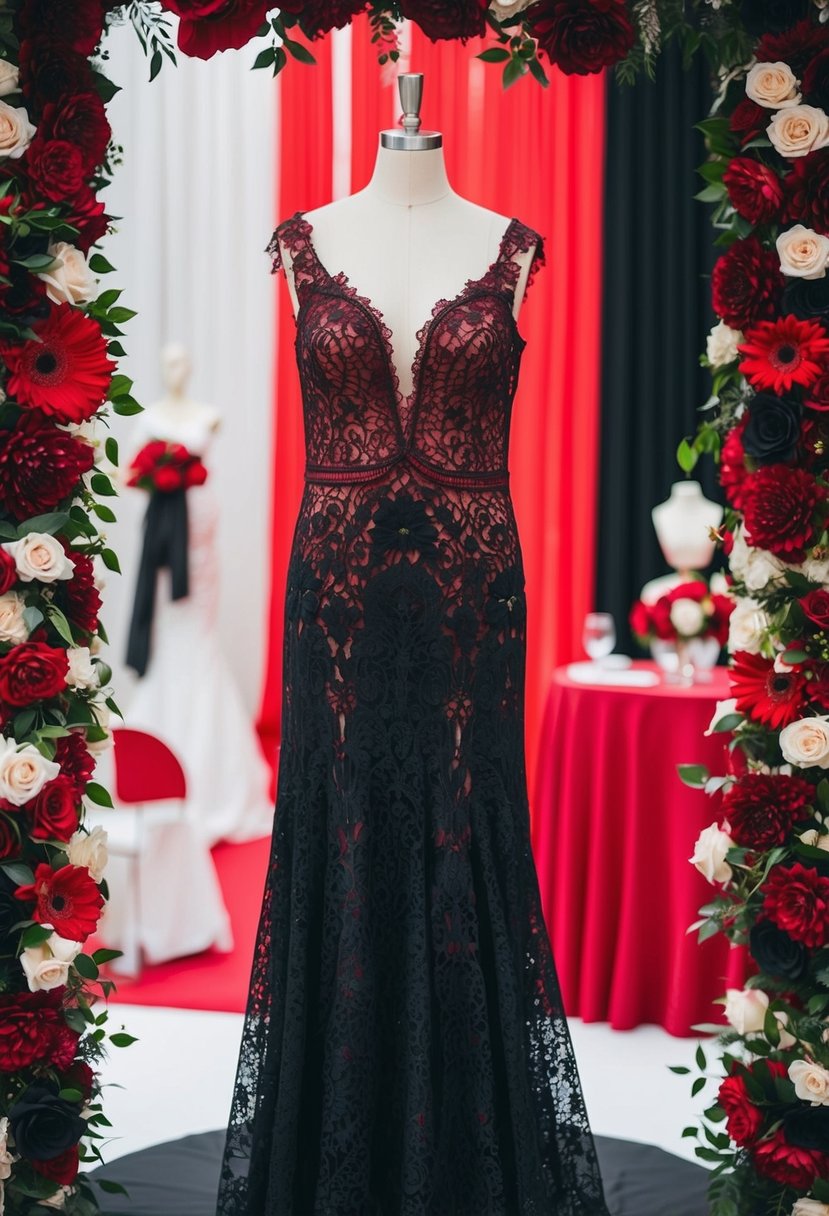 A red and black lace wedding dress hanging on a mannequin, surrounded by red and black wedding decor and flowers