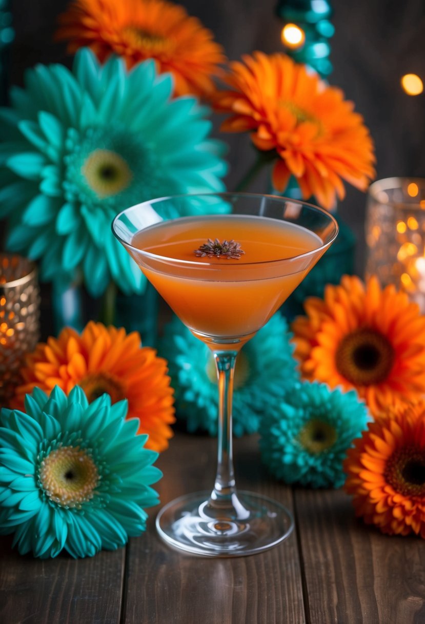 A teal cocktail glass with a burnt orange drink, surrounded by teal and burnt orange flowers and decor