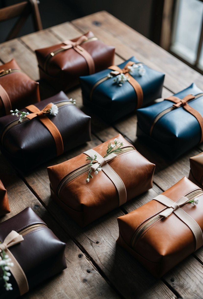 A collection of leather travel pouches arranged on a rustic wooden table, with delicate floral decorations and a ribbon tied around each one