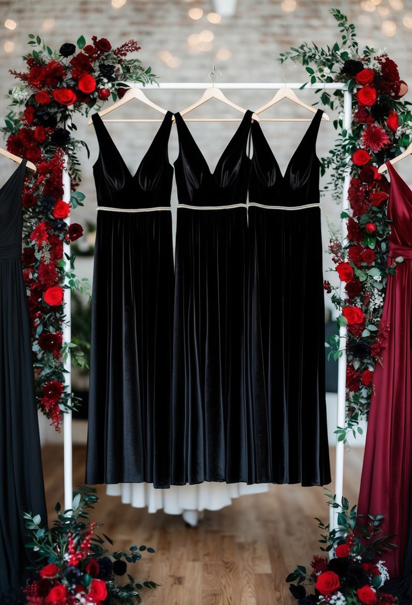 A group of black velvet bridesmaids' dresses hanging on a rack, surrounded by red and black wedding decor and floral arrangements