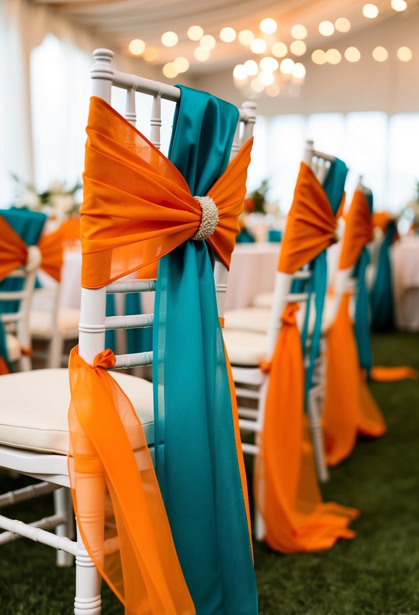 Burnt orange and teal chair sashes draped elegantly over white chairs at a wedding reception