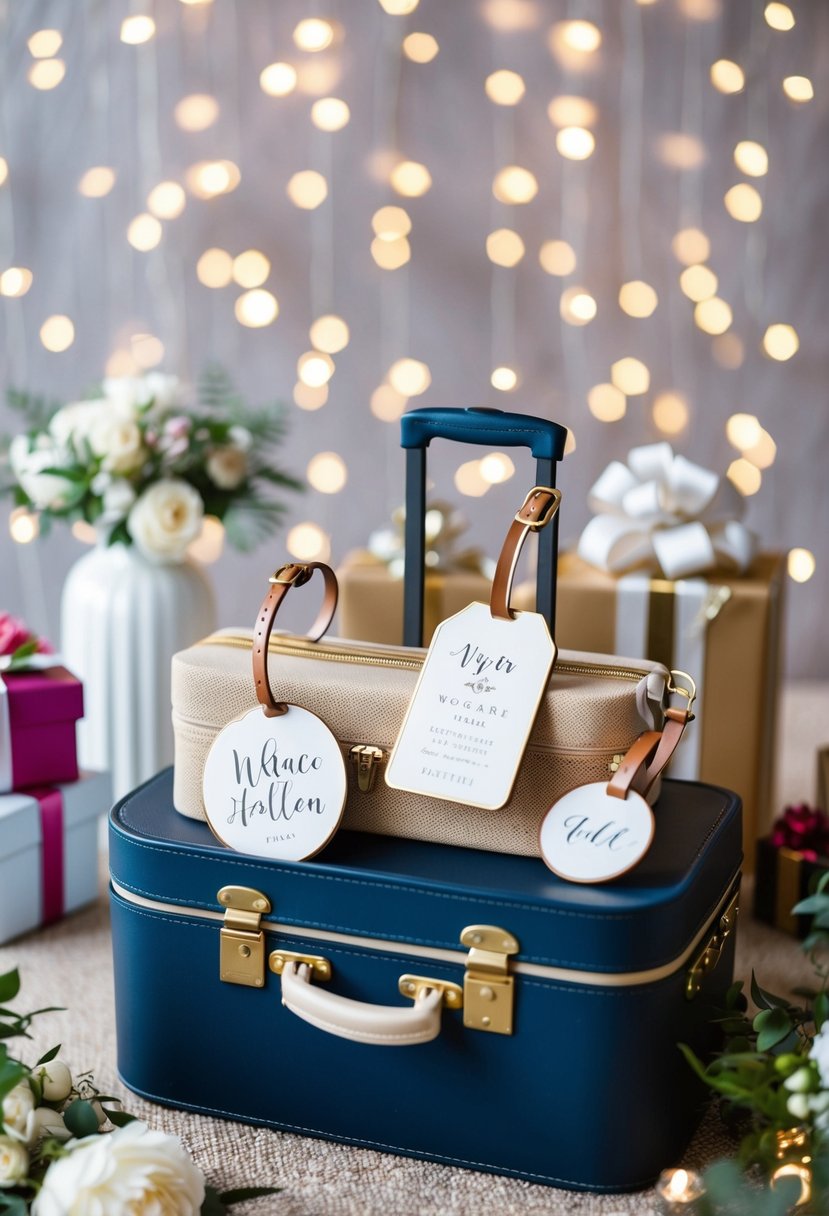 A suitcase with personalized luggage tags, surrounded by wedding-themed decorations and gifts