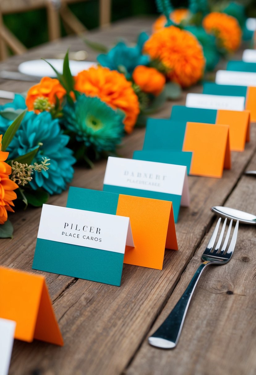 Teal and burnt orange place cards arranged on a rustic wooden table with teal and orange floral accents