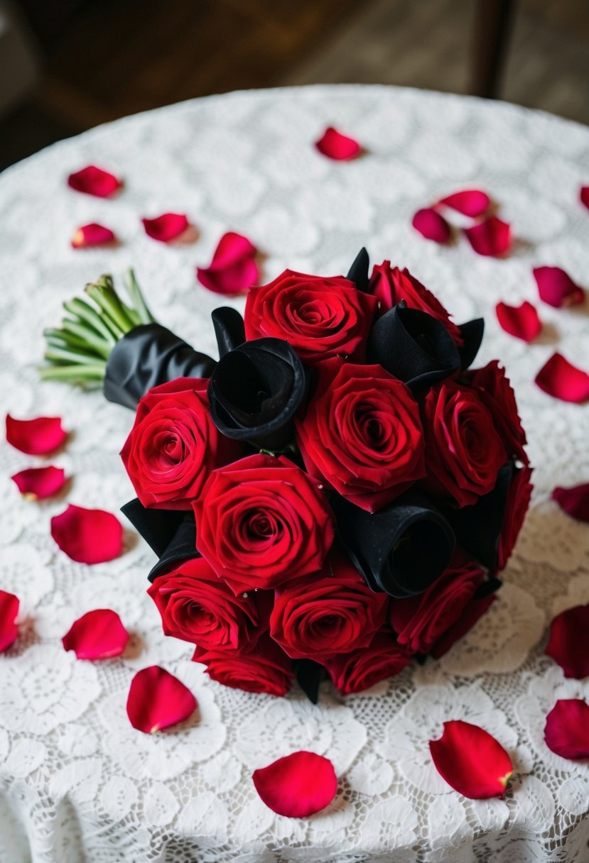 A red velvet bridal bouquet with black accents sits on a white lace tablecloth, surrounded by scattered crimson rose petals