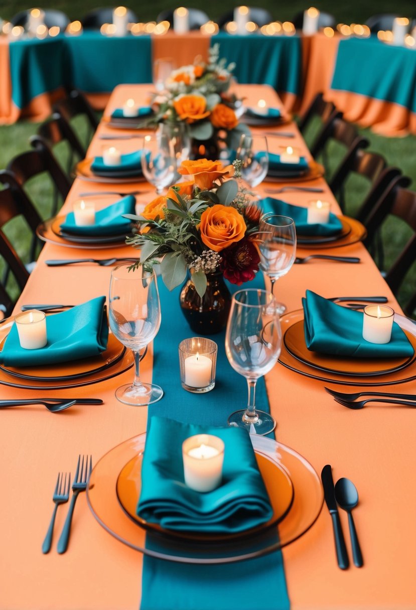 A table set with teal and burnt orange linens, adorned with matching floral centerpieces and candles