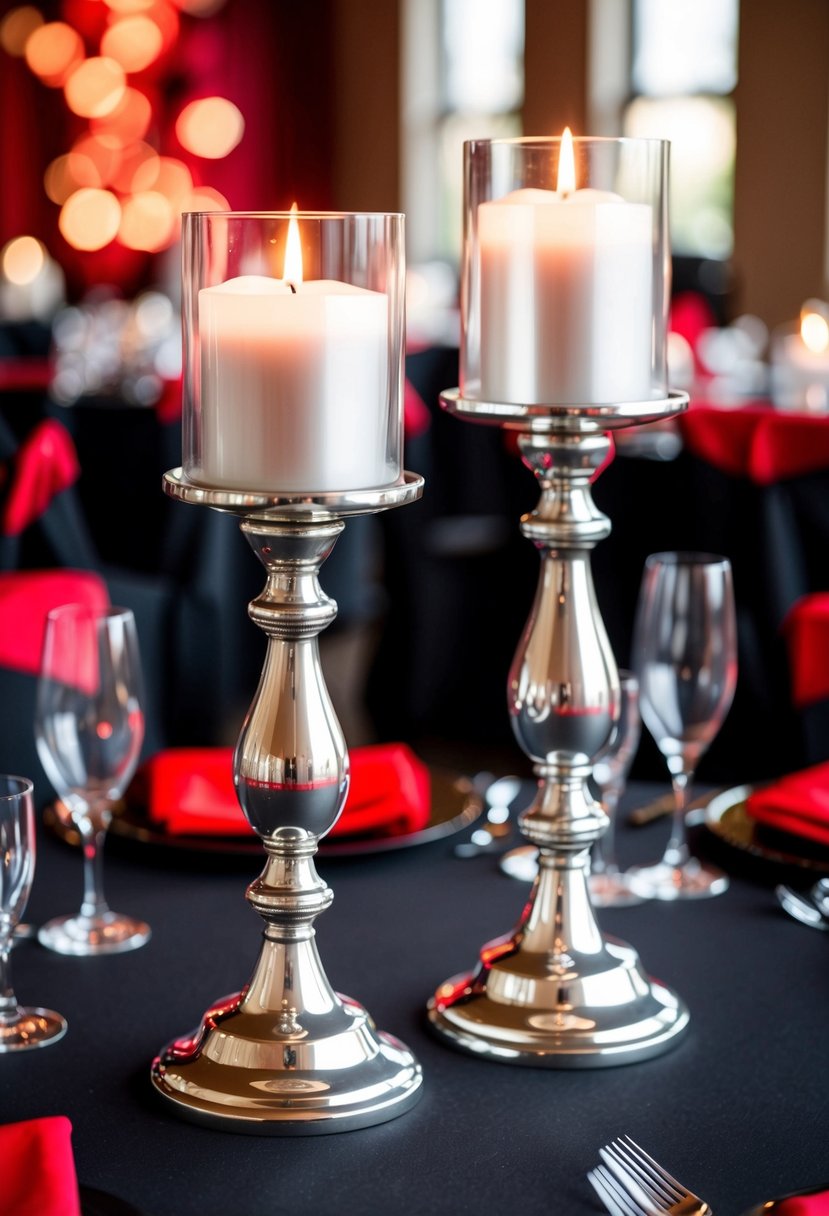 Two silver candle holders stand on a table, surrounded by red and black wedding decor