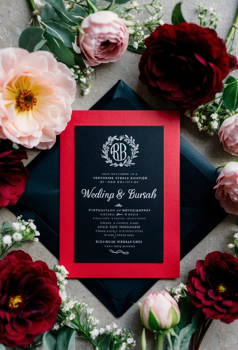 A red and black wedding invitation with a custom monogram surrounded by elegant floral designs