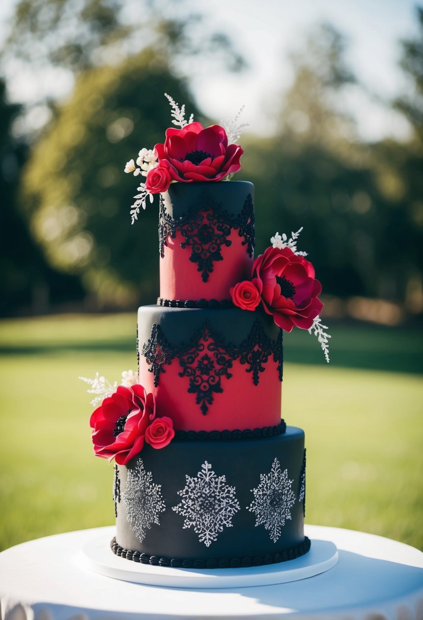 A three-tiered cake with black and red fondant layers, adorned with elegant floral designs and intricate lace patterns