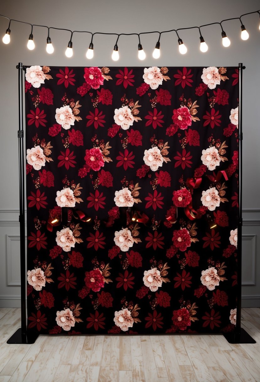 A red and black photo booth backdrop with elegant floral patterns and hanging string lights