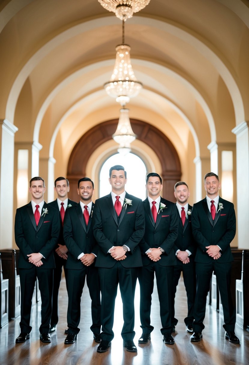 A group of groomsmen in black suits and red ties standing in a formal wedding setting