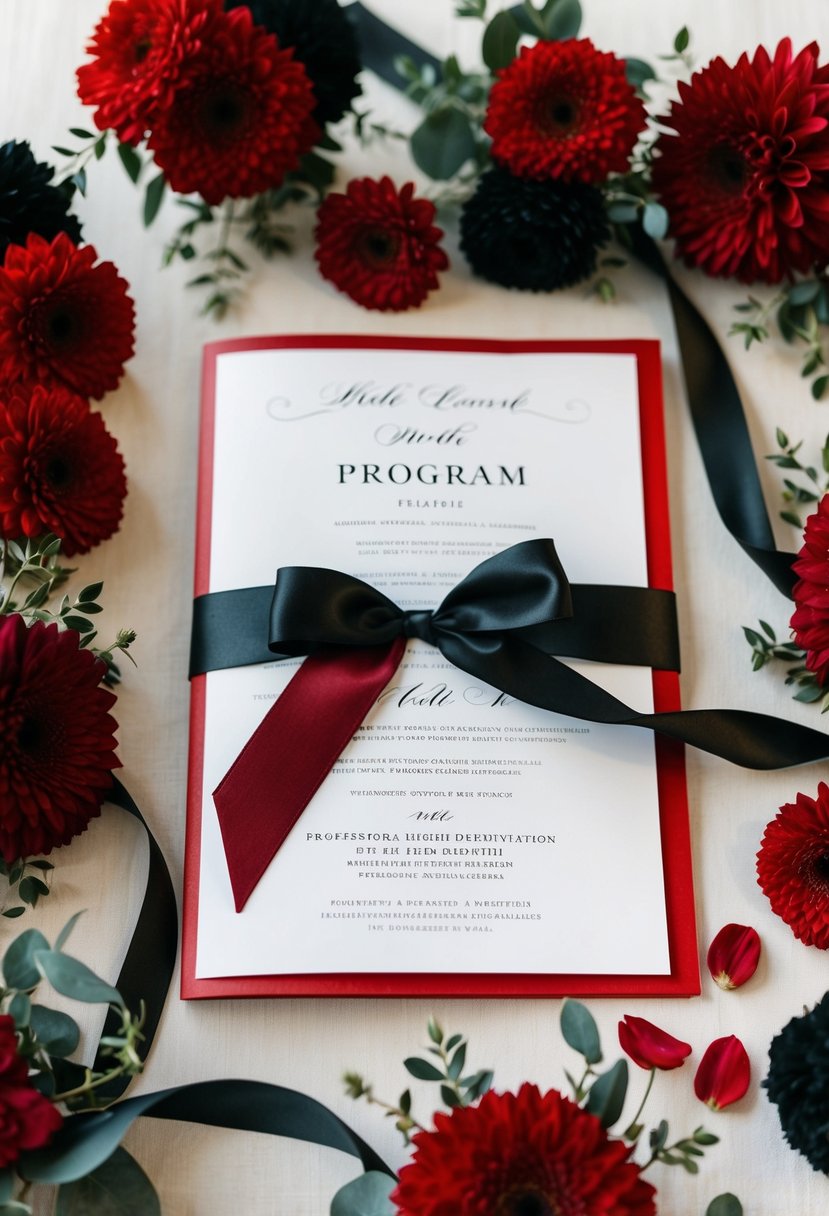 A red and black wedding program surrounded by elegant red and black floral arrangements