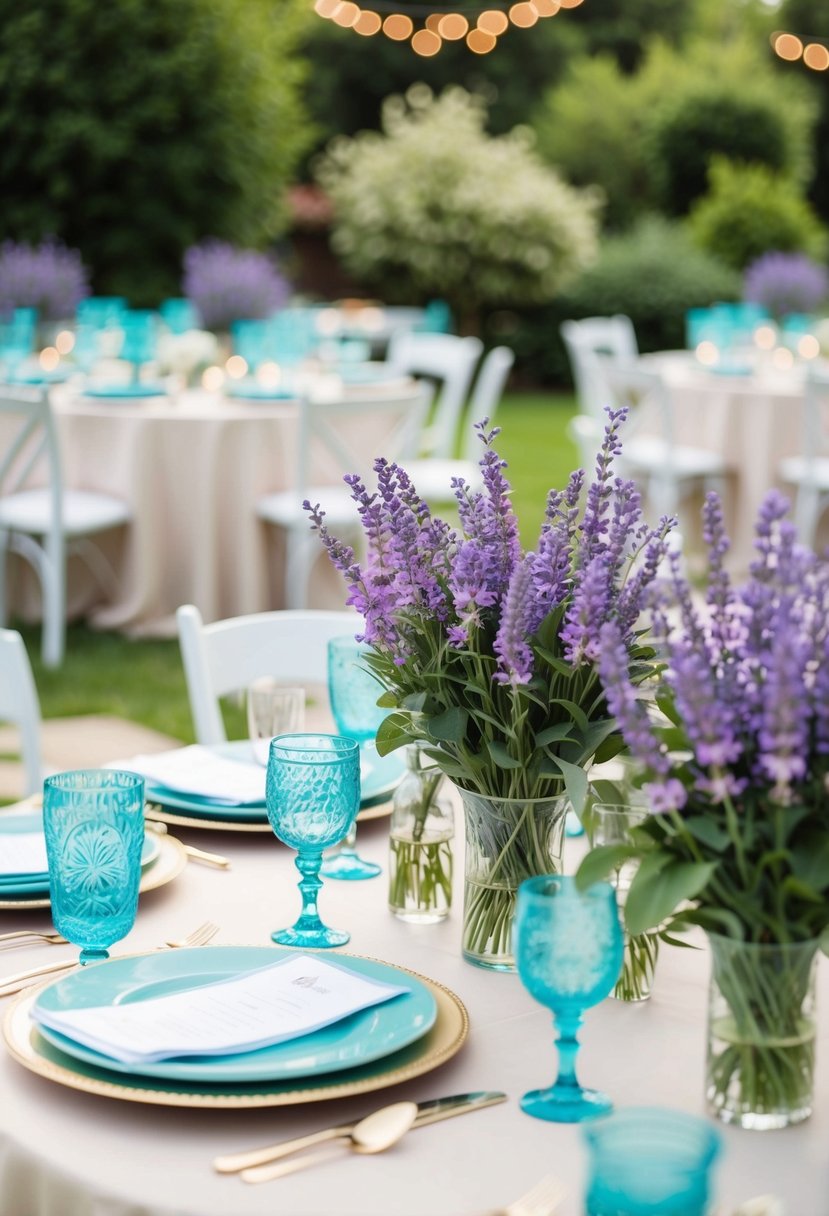 A serene garden with lavender flowers and turquoise accents adorning the tables and decor for a wedding celebration