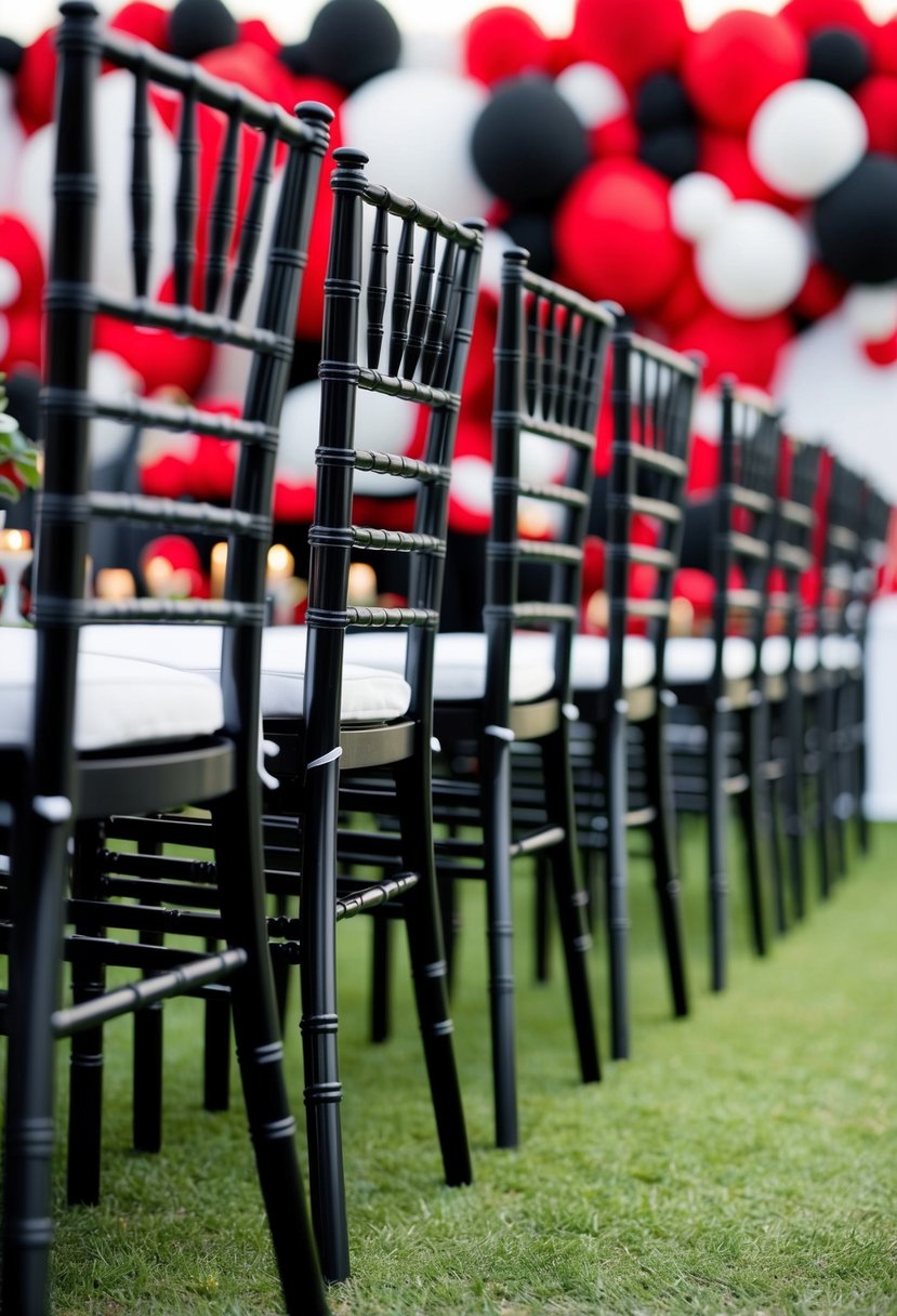 A row of black Chiavari chairs set against a backdrop of red and black wedding decor