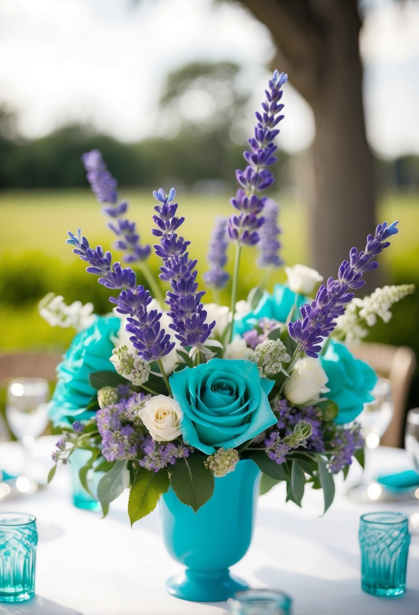 Lavender and turquoise flowers arranged in centerpieces for a wedding