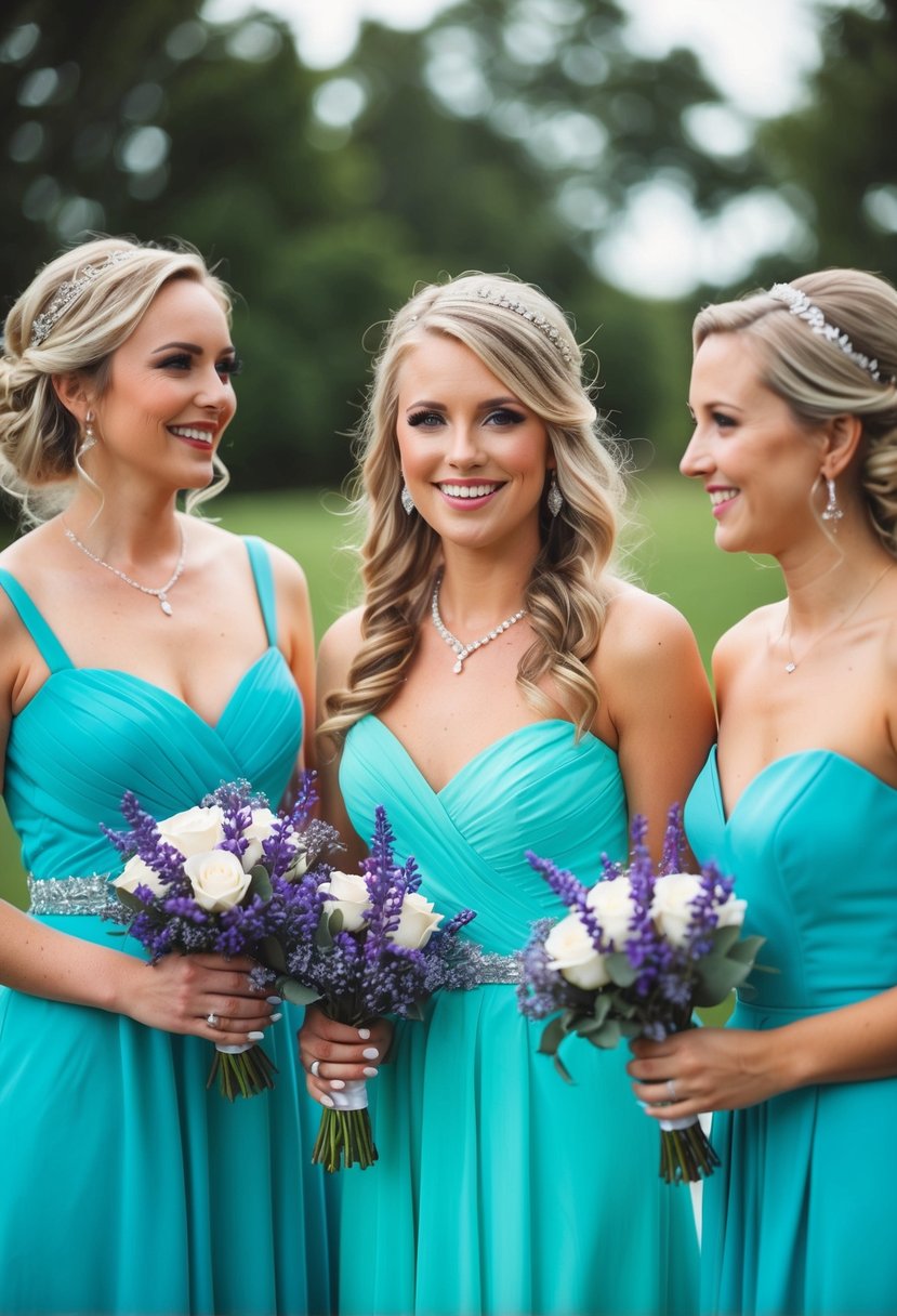 Turquoise dresses and lavender bouquets in a wedding setting