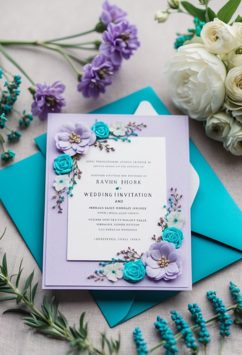 A wedding invitation suite featuring lavender and turquoise colors, with delicate floral designs and elegant details