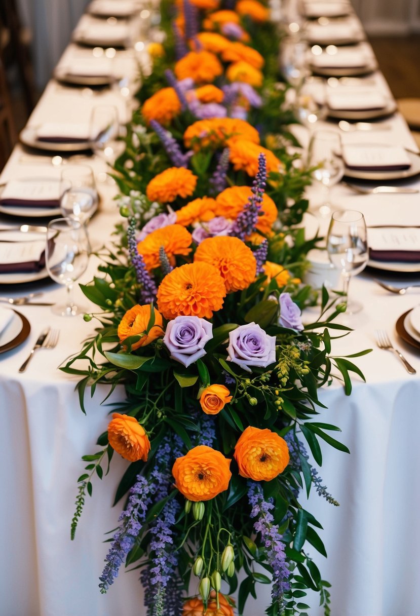 A vibrant orange and soft lavender floral arrangement cascading down a white wedding table