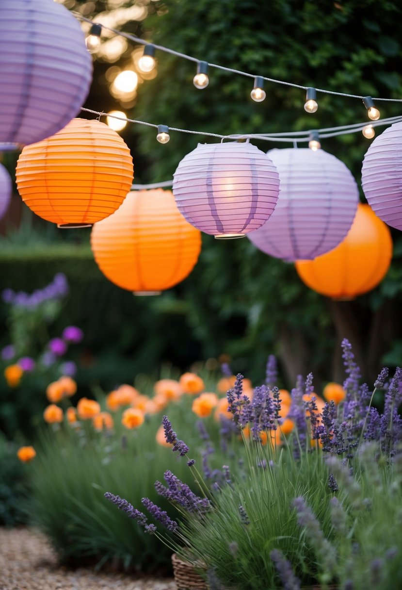 A garden adorned with lavender and orange paper lanterns, creating a warm and romantic atmosphere for a wedding celebration