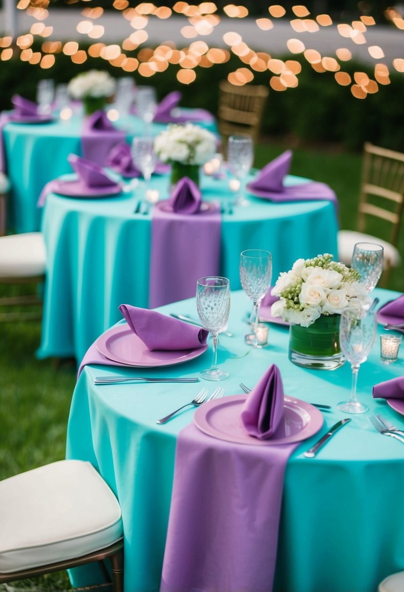 Turquoise tablecloths with lavender napkins and centerpieces