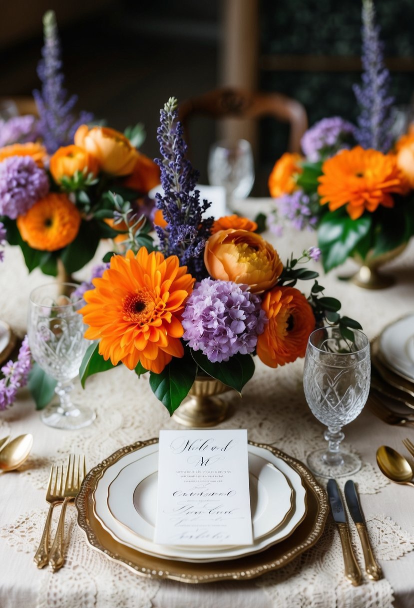 A vintage-inspired table setting with orange and lavender floral arrangements, antique lace tablecloth, and elegant calligraphy place cards