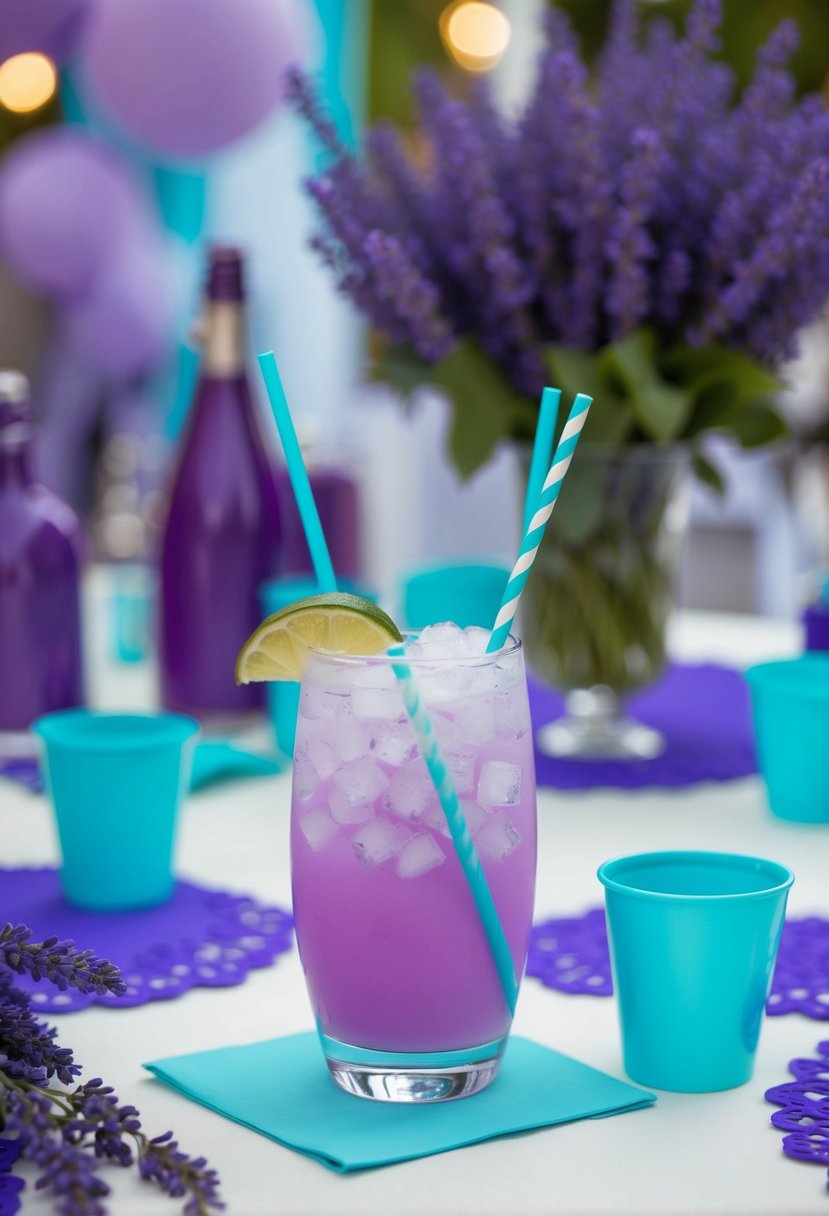 A lavender cocktail with turquoise straws sits on a table, surrounded by lavender and turquoise wedding decor