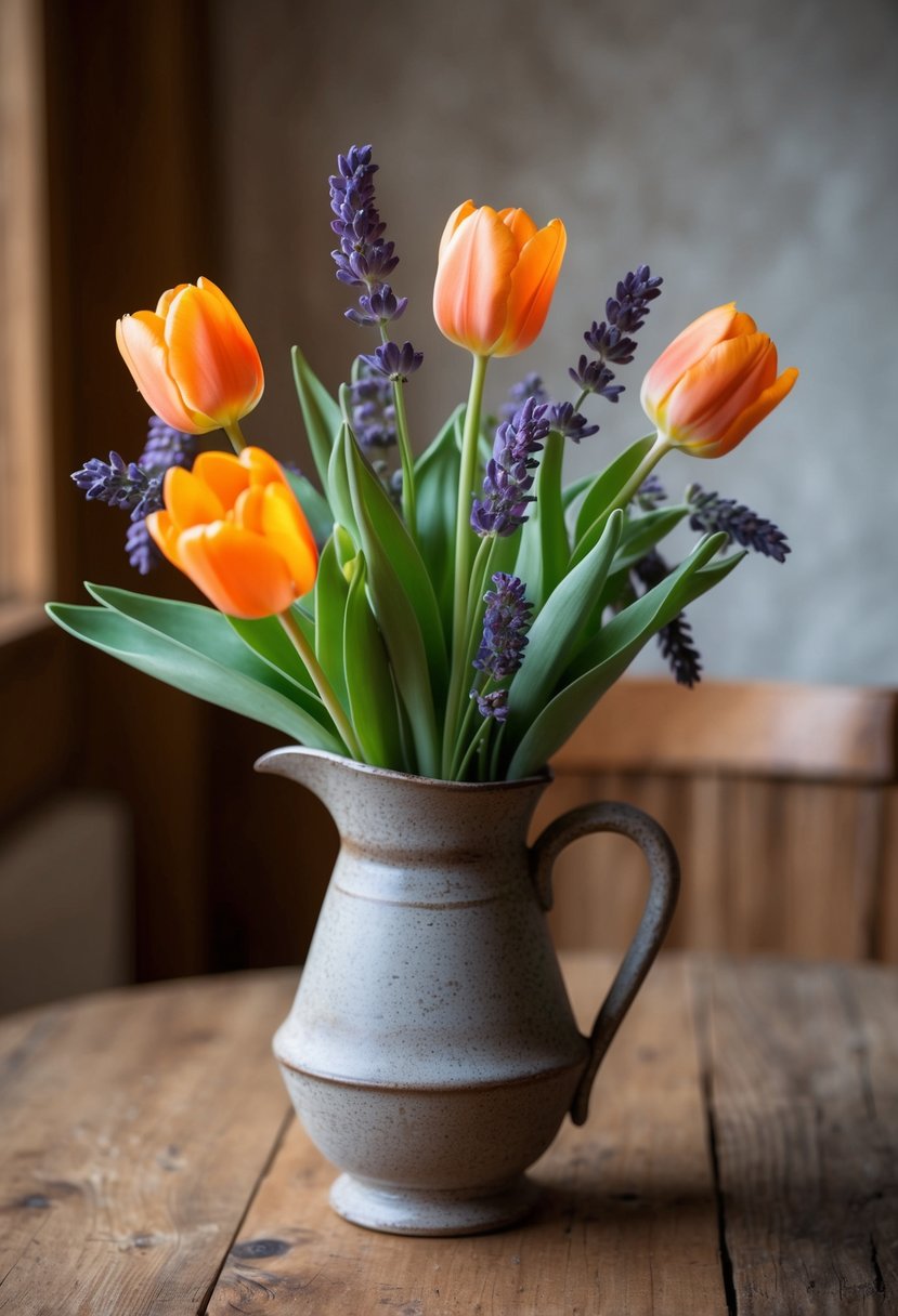 An orange tulip and lavender bouquet arranged in a rustic-style vase on a wooden table